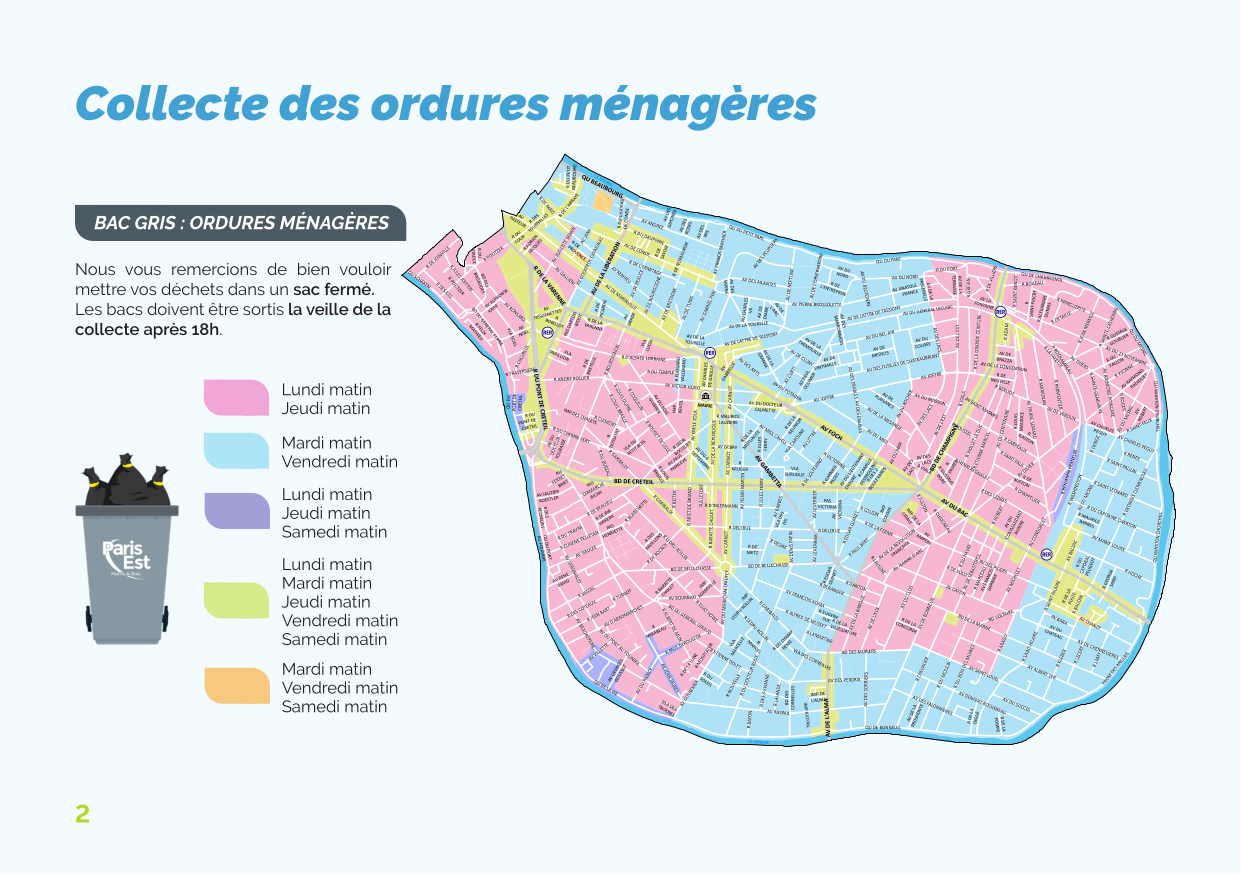 Carte des secteurs de collecte des ordures ménagères à Saint-Maur-des-Fossés, 5 zones colorées avec 2 jours de collecte chacune