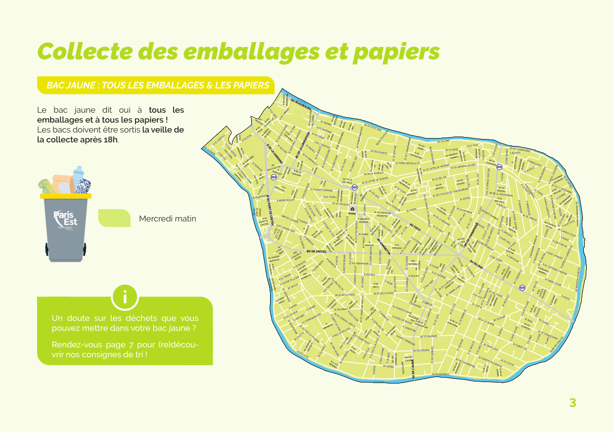 Carte de la collecte des emballages et papiers à Saint-Maur-des-Fossés : mercredi matin sur l'ensemble de la commune